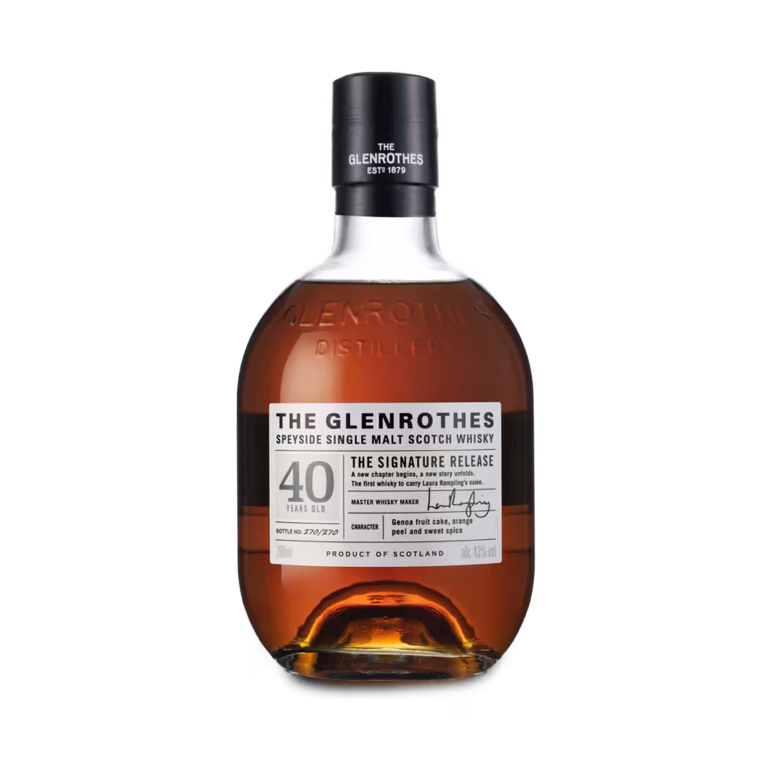 A 700ml bottle pack shot of The Glenrothes 40 Year Old Single Malt Whisky