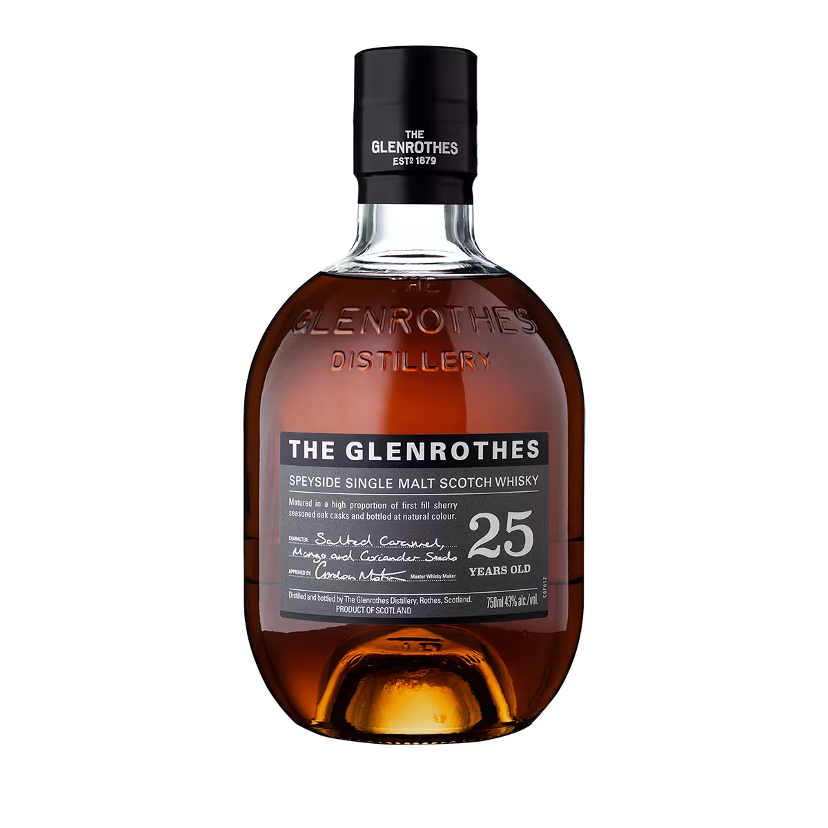 A 700ml bottle pack shot of The Glenrothes 25 Year Old Single Malt Whisky