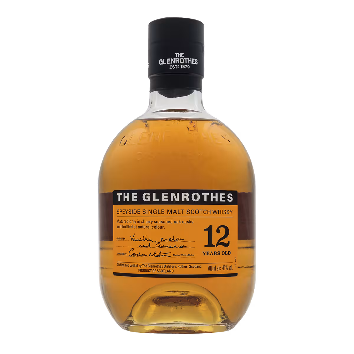 A 700ml bottle pack shot of The Glenrothes 12 Year Old Single Malt Whisky