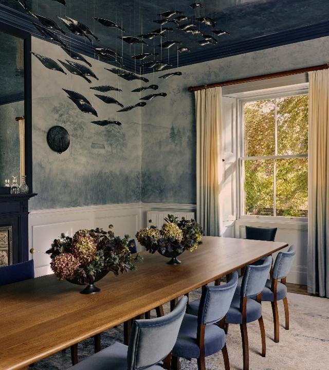 Dining room with blue mural at Rothes House