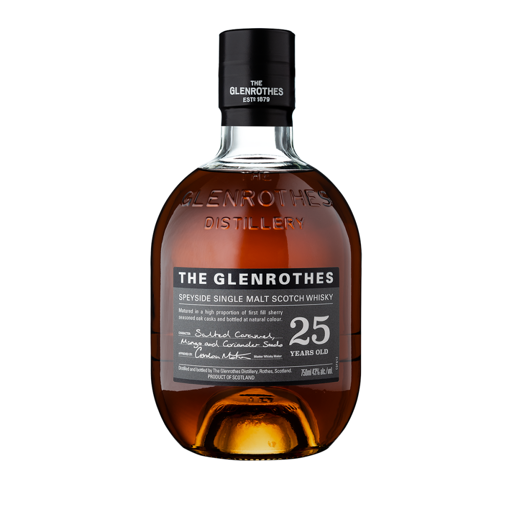 A 700ml bottle pack shot of The Glenrothes 25 Year Old Single Malt Whisky