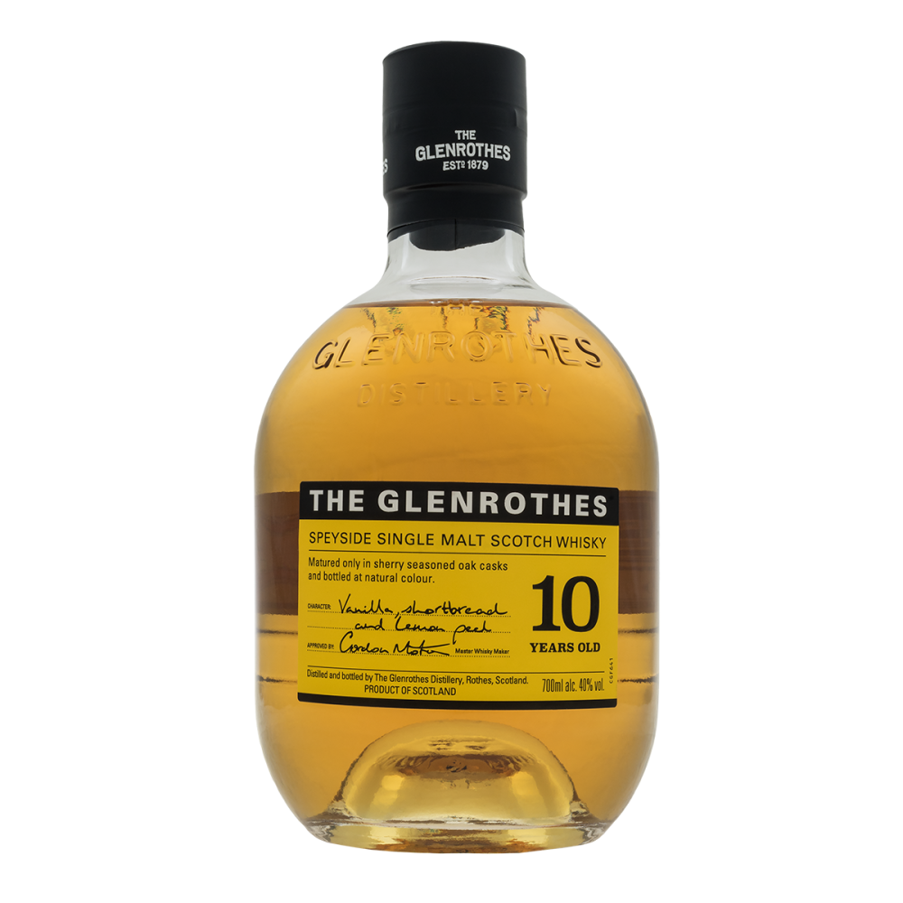 A 700ml bottle pack shot of The Glenrothes 10 Year Old Single Malt Whisky