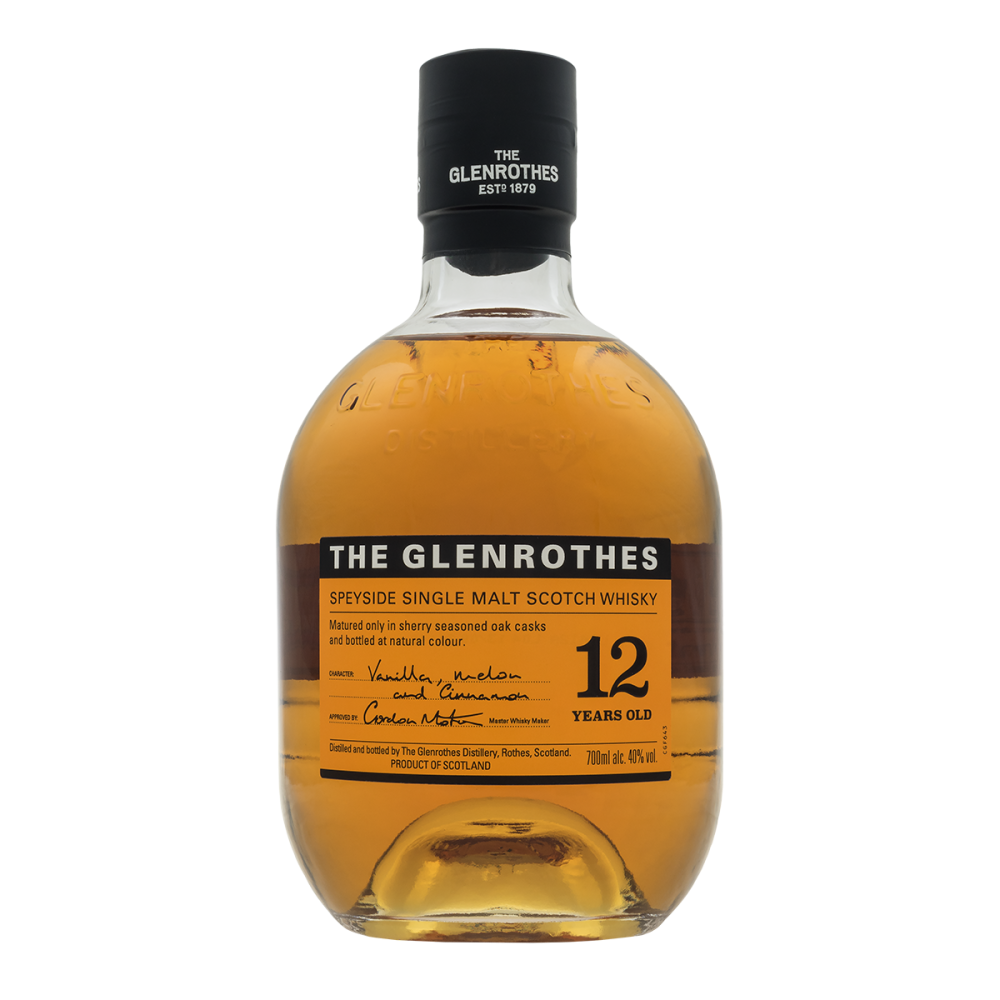 A 700ml bottle pack shot of The Glenrothes 12 Year Old Single Malt Whisky