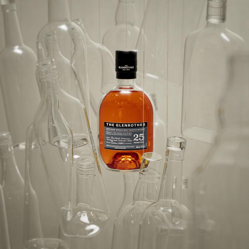 A 700ml bottle of The Glenrothes Whisky 25 Year Old in a glass world